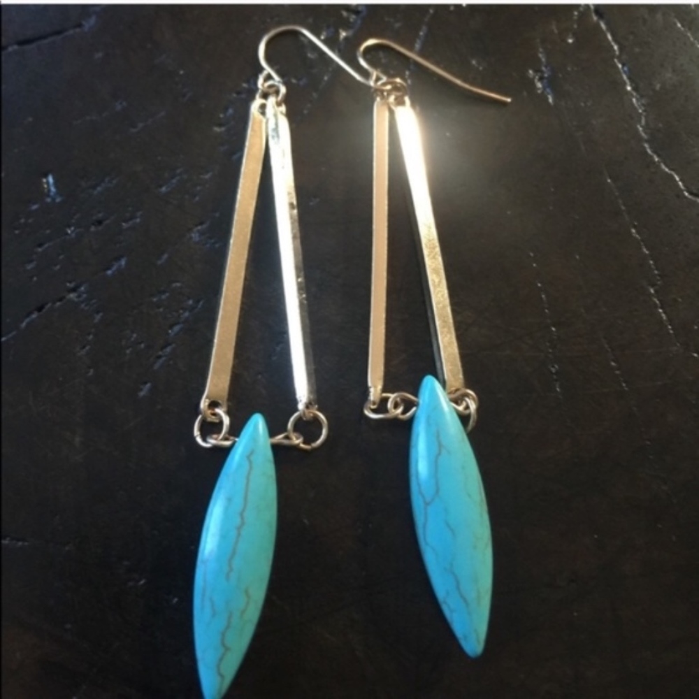 Turquoise Gold Tone Geometric Drop Dangle Earrings - Picture 2 of 7